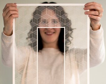 Certificado de boda personalizado moderno de ketubah cortado en papel con patrón geométrico cúbico