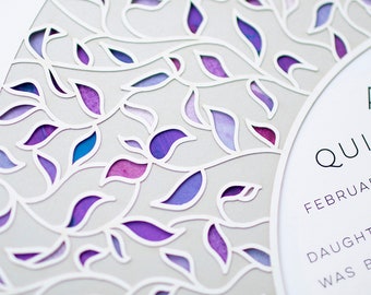 Paper Cut Art Hebrew Naming Certificate Birth Announcement Baby Custom Art Vines Purple