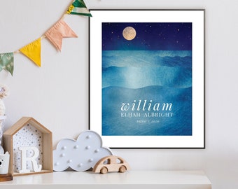 Baby Art Hebrew Naming Certificate Birth Announcement Custom Art Full Moon at Sea