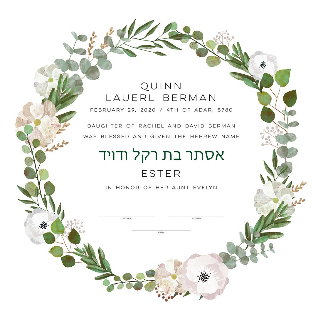 Baby Art Hebrew Naming Certificate Birth Announcement Custom - Etsy Polska