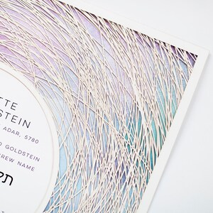 Paper Cut Art Hebreeuwsnaamgeving Certificaat Geboorte Aankondiging Baby Custom Art Omringd Paars