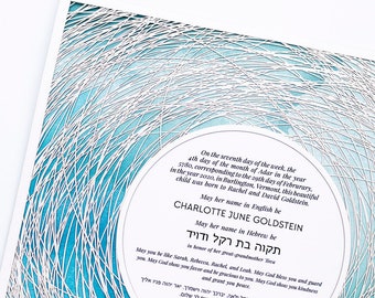Paper Cut Art Hebrew Naming Certificate Birth Announcement Baby Custom Art Encircled Blue