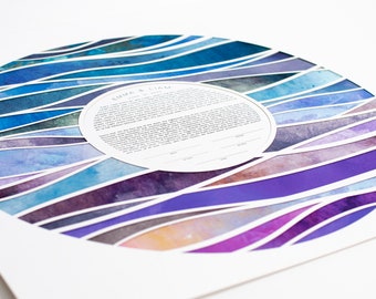 Paper Cut Ketubah Modern Custom Wedding Certificate Abstract Waves Purple