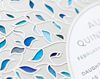 Paper Cut Art Hebrew Naming Certificate Birth Announcement Baby Custom Art Vines Blue