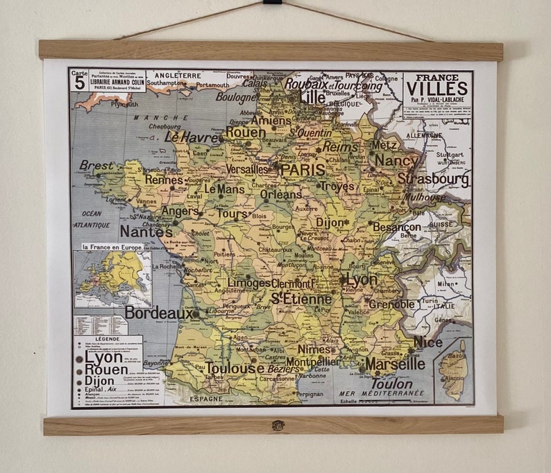 Reproduction of old school map N 5 France Villes by Vidal Lablache Aff+Supp.magnétique