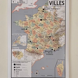 Map of France - Cities - Educational decoration - Geography - Departments - Regions - rivers - Old school wall poster style