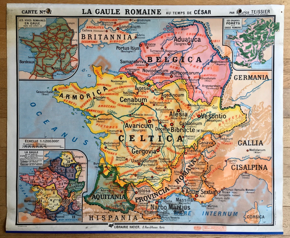Ancienne carte décole La Gaule Romaine au temps de César / | Etsy