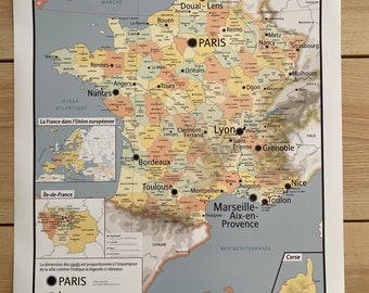 Carte de France - Les Villes - Déco pédagogique -  Géographie - Départements - Régions - cours d’eau - Style ancienne affiche murale d’école