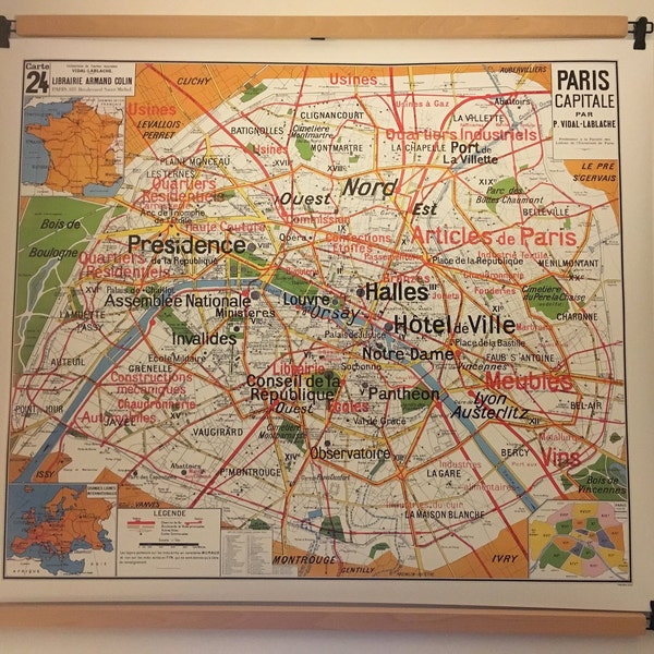 Reproduction d'ancienne carte d'école N 24 Paris Capitale par Vidal Lablache