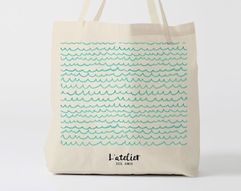 X43Y Tote bag blue waves, handbag, tote bag, changing bag, wave printed bag, computer bag, shopping bag, cotton bag