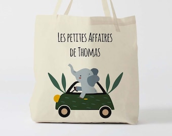 X1207Y Tote bag Personnalisé enfant éléphant, tote bag école, sac de toile cabas, sac à doudou , sac pour habits enfant, tote bag crèche