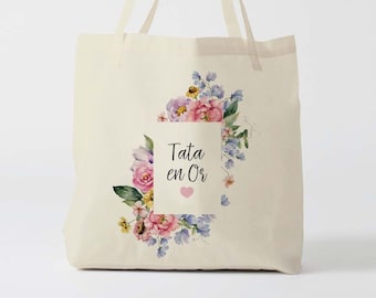 X1382Y Tote bag Personnalisable tata or, sac de toile cabas, cadeau tante , tote bag tata en or, sac et caba, tote bag personnalisable