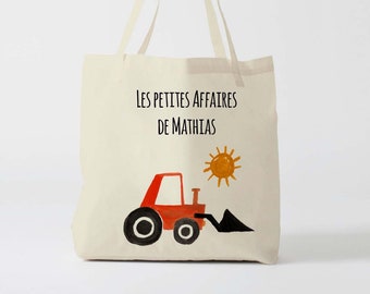 X1361Y Tote bag Personnalisé enfant Tractopelle, tote bag école, sac de toile cabas, sac à doudou , tote bag crèche, sac crèche