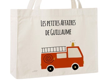 C77W cabas en toile recyclée camion de pompier, sac école, caba de naissance, sac pour la crèche, cadeau enfant Noël, sac personnalisable