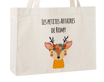 C75W Sac cabas en toile recyclée cerf fleurs, sac école, caba de naissance, sac pour la crèche, cadeau enfant Noël, sac personnalisable