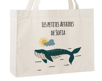 C94W Sac cabas en toile recyclée baleine, sac école, caba de naissance, sac pour la crèche, cadeau enfant Noël, sac personnalisable