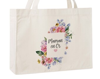 C99W Sac cabas en toile recyclée maman en or Shopping bag coton, sac coton , sac et cabas, summer bag, mother's gift, child gift, custom