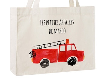 C95W Sac cabas en toile recyclée camion de pompier, sac école, caba de naissance, sac pour la crèche, cadeau Noël, sac personnalisable