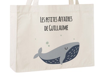 C102W Sac cabas en toile recyclée baleine, sac école, caba de naissance, sac pour la crèche, cadeau enfant Noël, sac personnalisable