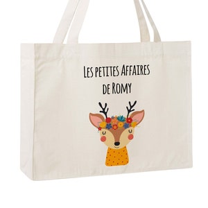 C75W Sac cabas en toile recyclée cerf fleurs, sac école, caba de naissance, sac pour la crèche, cadeau enfant Noël, sac personnalisable