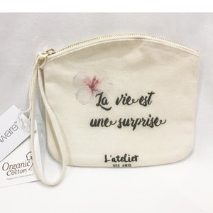 Small personalized thick organic cotton kit with the first name or phrase of your choice, customised wristlet, name or sentence you want