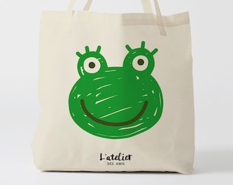 X277Y Tote bag grenouille, tote bag coton, sac en toile, sac en coton, sac fourre-tout, sac à main, sac à langer, tote bag fête, coton, noel