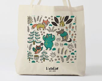 X496Y Tote bag nature ours, loup, sac en toile, sac coton, sac de course, sac à main, sac fourre-tout, sac course, cours, atelier des amis