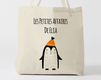 X752Y Tote bag Personnalisé enfant, tote bag école, sac de toile cabas, sac à doudou , sac Pingouin, tote bag crèche, sac crèche, sac école