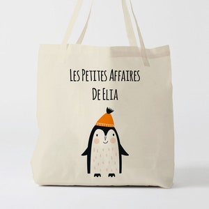X752Y Tote bag Personnalisé enfant, tote bag école, sac de toile cabas, sac à doudou , sac Pingouin, tote bag crèche, sac crèche, sac école