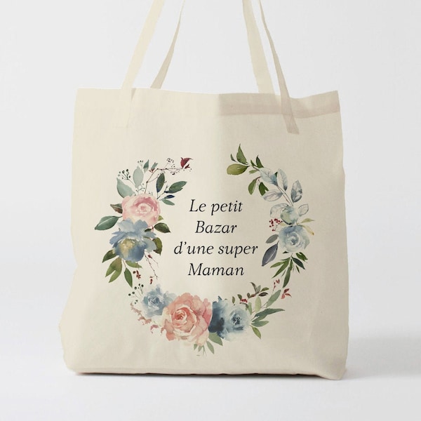 X848Y tote bag petit bazar d'une super maman, custom tote bag, sac fourre-tout, sac à langer, sac fête des mères, sac courses, sac en coton