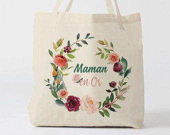 X679Y tote bag fleur maman en or, custom tote bag, sac fourre-tout, flower bag, sac coton, sac en coton, gift bride, sac evjf, custom