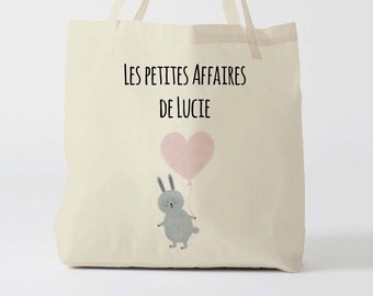 X1191Y Tote bag Personnalisé enfant lapin, tote bag école, sac de toile cabas, sac à doudou , sac habits enfant, tote bag crèche, sac crèche