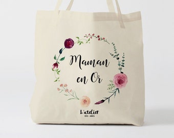 X619Y tote bag fleur maman en or, custom tote bag, sac fourre-tout, flower bag, sac coton, sac en coton, gift bride, sac evjf, custom
