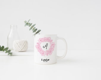 M21T customizable mug, initial mug, wedding mug, mug ceramic, mug with letter, gif for mother, gif for friend, mug pink flower,.