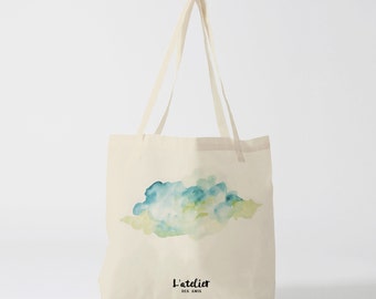 X114Y tote bag aquarelle VERT NUAGE , sac en toile, sac en coton, sac à main, sac à langer, sac courses, sac cours, sac ordinateur