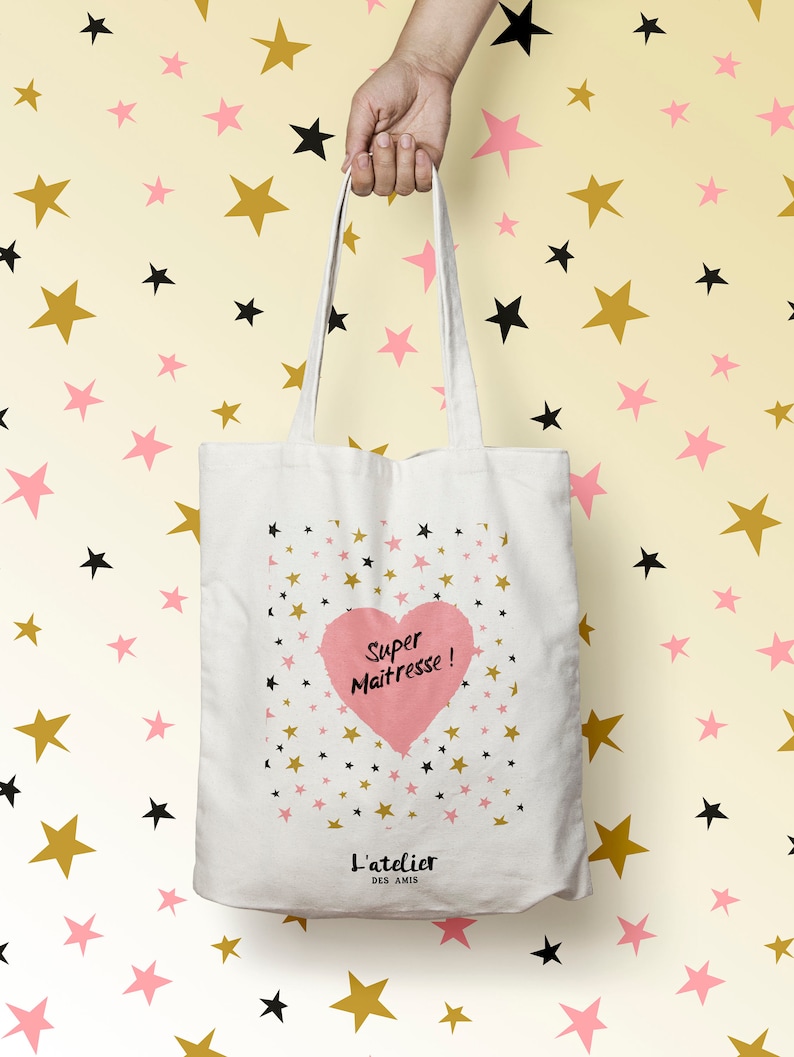 X455Y tote bag maitresse, tote bag coton maitresse, sac fourre-tout, sac à langer, tote bag coton, sac été, tote bag summer, sac en coton image 1