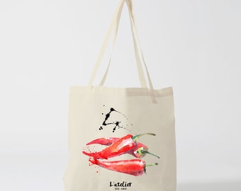 X156Y Tote bag piment, sac à main, sac courses, sac ordinateur, sac cours, sac à langer, sac fourre-tout, illustration food, sac coton, pime