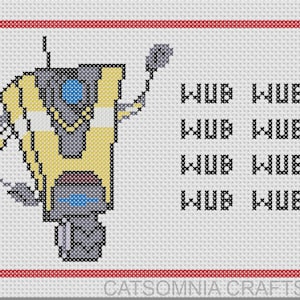 Puede incluir: Patrón de punto de cruz con un personaje de robot amarillo y gris con un ojo azul y una cadena dorada. El robot sostiene un palo y tiene una franja azul y blanca en el pecho. El texto "WUB WUB WUB WUB" está escrito en negro debajo del robot. El texto "CATSOMNIA CRAFTS" está escrito en negro en la parte inferior de la imagen.