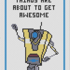 Puede incluir: Patrón de punto de cruz con un robot amarillo con un ojo azul y el texto "Things are about to get awesome".