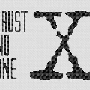 Könnte beinhalten: Schwarz-weißes Kreuzstich-Design mit dem Text "TRUST NO ONE" und einem stilisierten "X" in der Mitte.