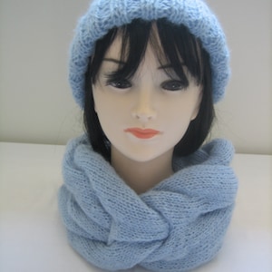Set of striped snood and hat with Pompom mohair wool and acrylic
