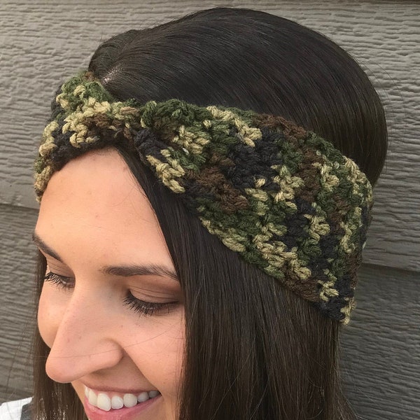 Camouflage Cinched Crochet Winter Headband / Crochet Winter Earwarmer / Gift for her / Crochet headband / Head Wrap / Stocking Stuffer /