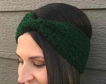 Hunter Green Cinched Crochet Winter Stirnband / Gehäkeltes Winter Stirnband / Geschenk für sie / Gehäkeltes Stirnband / Kopfschmuck /