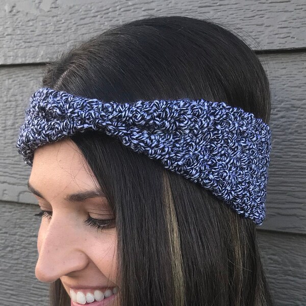 Black Marble Cinched Crochet Winter Headband / Crochet Winter Earwarmer / Gift for her / Crochet headband / Head Wrap / Stocking Stuffer /