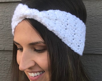 White Cinched Crochet Winter Headband / Crochet Winter Earwarmer / Gift for her / Crochet headband / Head Wrap / Stocking Stuffer /