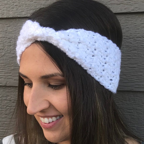 White Cinched Crochet Winter Headband / Crochet Winter Earwarmer / Gift for her / Crochet headband / Head Wrap / Stocking Stuffer /