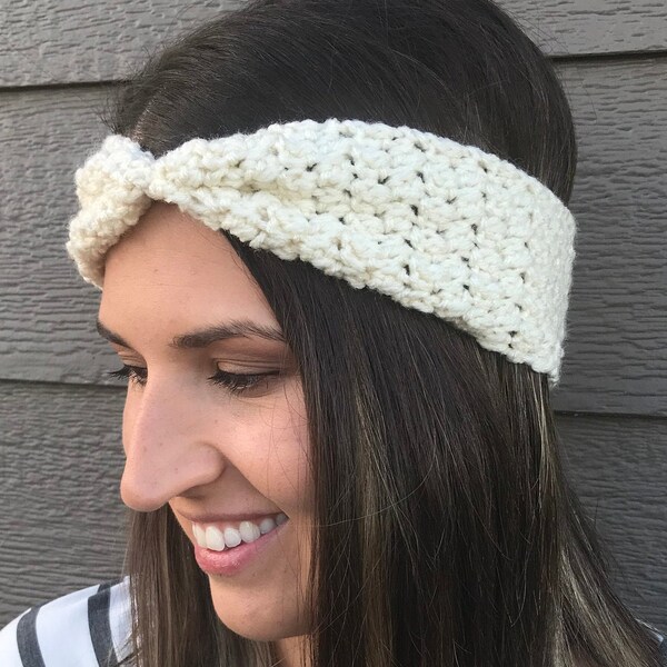 Off-White Cinched Crochet Winter Headband / Crocheted Winter Earwarmer / Gift for her / Crochet headband / Head Wrap / Stocking Stuffer /