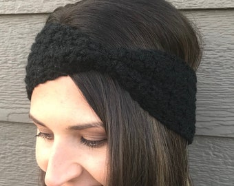 Black Cinched Crochet Winter Headband / Crochet Winter Earwarmer / Gift for her / Crochet headband / Head Wrap / Stocking Stuffer /