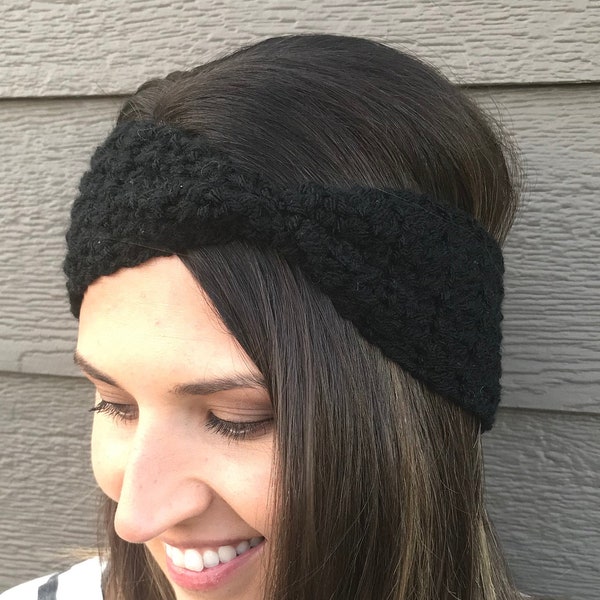 Black Cinched Crochet Winter Headband / Crochet Winter Earwarmer / Gift for her / Crochet headband / Head Wrap / Stocking Stuffer /