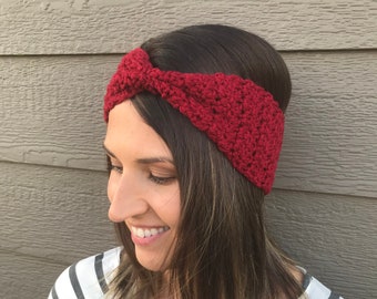 Burgundy Cinched Crochet Winter Headband / Crochet Winter Earwarmer / Gift for her / Crochet headband / Head Wrap / Stocking Stuffer /